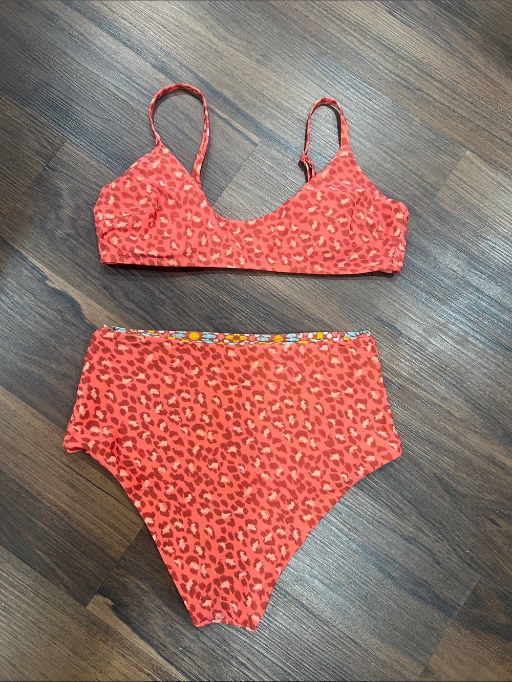 aerie Girls' Coral Red Leopard Two-Piece High-Waist Swimsuit
